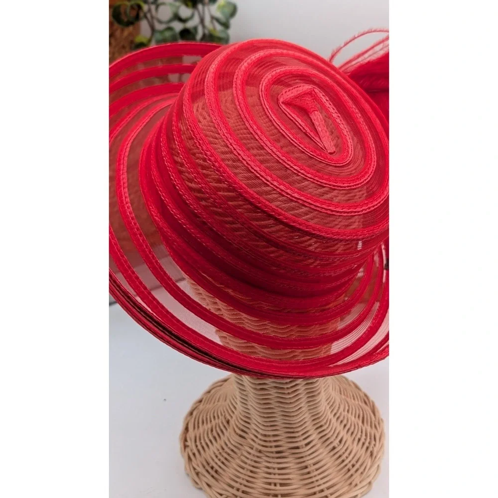 Red Church Stylish Dress Hat Feather Rhinestone Wide Brim Derby Wedding Formal